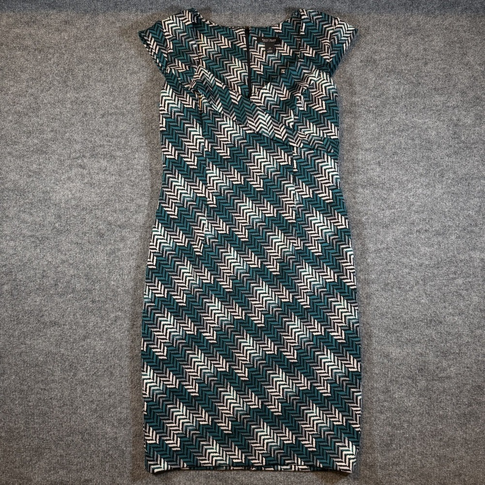 White House Black Market Herringbone Sheath Dress Sz 12 Blue Multi Cap Sleeve